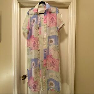 Vintage Sheer Floral Shirt Dress – Pastel Button-Down Overlay – Approx. Size M